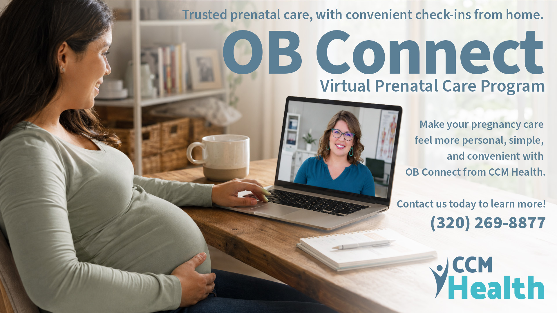 Image of woman talking to provider on a laptop. - CCM Health launches OB Connect